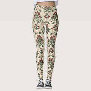Ornamental Damask Red Green Vintage Texture Leggings