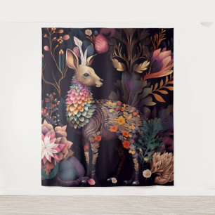Ornamental Deer among Flowers and Layered Leaves Tapestry
