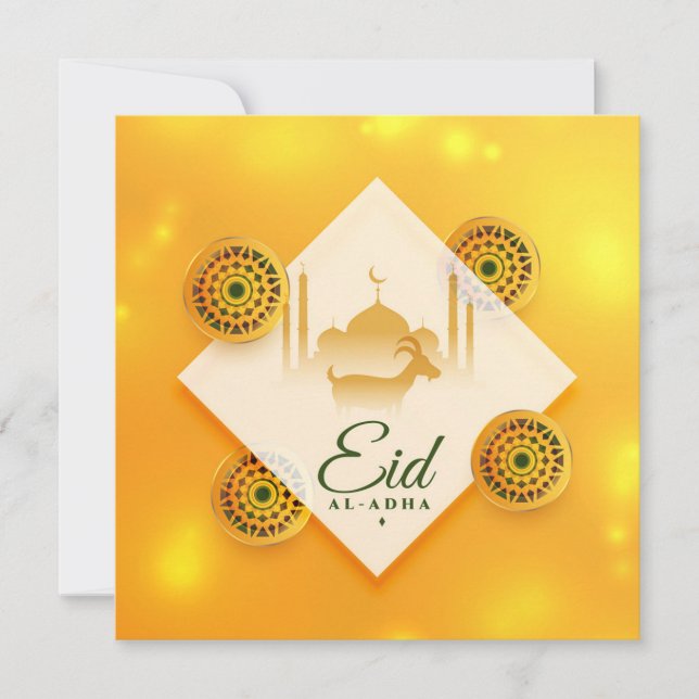 Ornamental Eid ul Adha Mubarak Goat Mosque Yellow Holiday Card (Front)