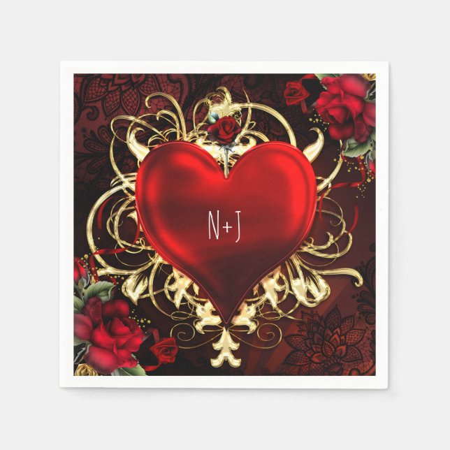 Ornamental Elegant Floral Heart Black Red Gold Napkin (Front)