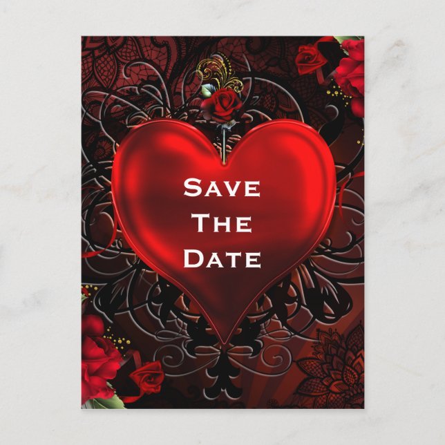 Ornamental Elegant Floral Heart Black & Red Party Announcement Postcard (Front)