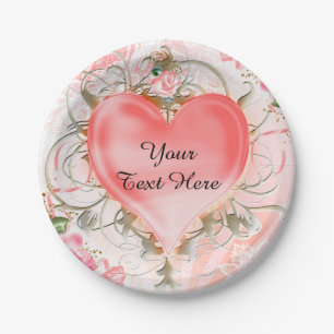 Ornamental Elegant Floral Heart Peach Party Paper Plate