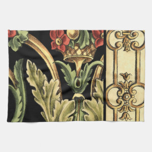 Ornamental Floral Design with Black Borders Tea Towel