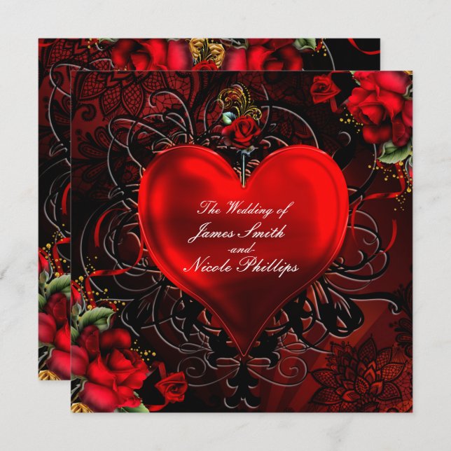 Ornamental Floral Heart Black & Red Gothic Romance Invitation (Front/Back)