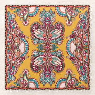 Ornamental Floral Paisley: Traditional Bandanna Glass Coaster