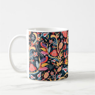 ornamental floral pattern with birds on a dark bac coffee mug