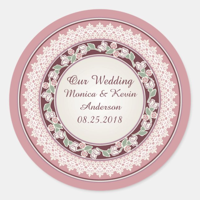 Ornamental flowers, lace pattern border Wedding Classic Round Sticker (Front)