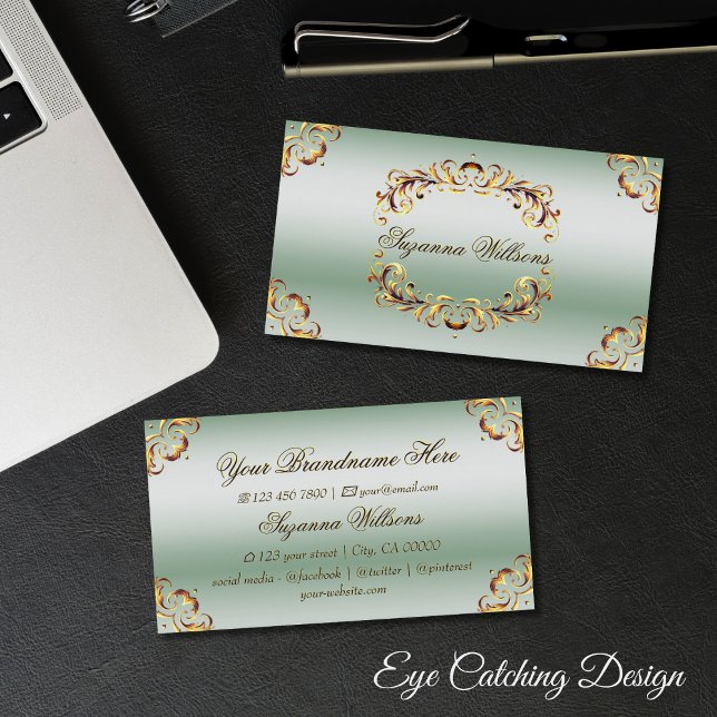 Ornamental Gold Decor Green Shimmer Sophisticated Business Card (Creator Uploaded)