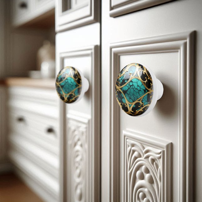 Ornamental Gold Filigree Teal Black Marble Ceramic Knob (Creator Uploaded)