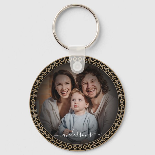 Ornamental Golden Custom Family Couple Photo Key Ring (Front)