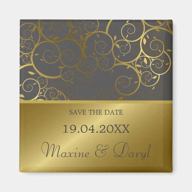 Ornamental Golden Spiral Vine Classy Save The Date Magnet (Front)