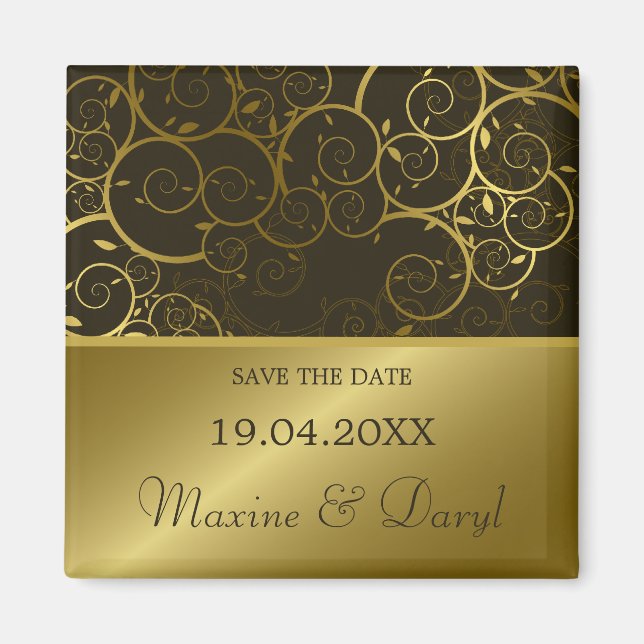 Ornamental Golden Spiral Vine Classy Save The Date Magnet (Front)
