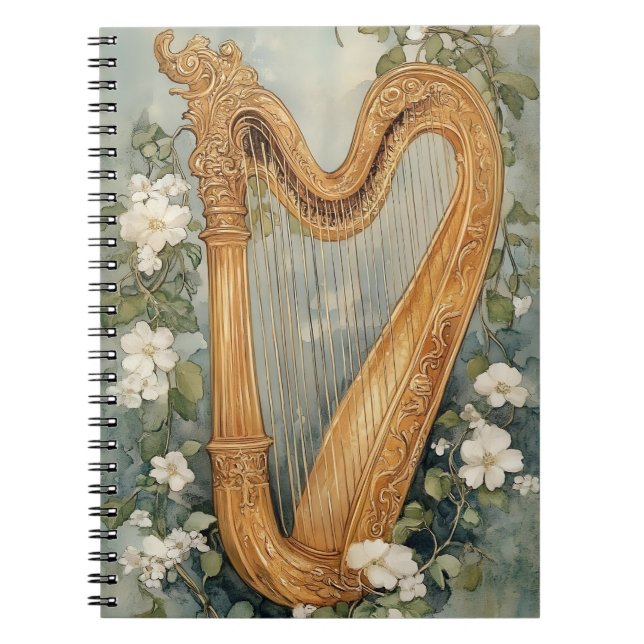 ornamental harp surrounded by white flowers notebook (Front)