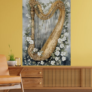 ornamental harp surrounded by white flowers poster