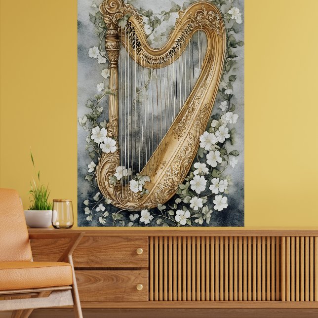 ornamental harp surrounded by white flowers poster (Living Room 2)