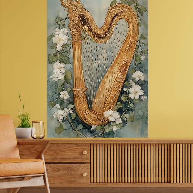 ornamental harp surrounded by white flowers poster (Living Room 2)