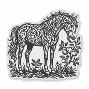 Ornamental Horse Eating Apples Floral Silhouette