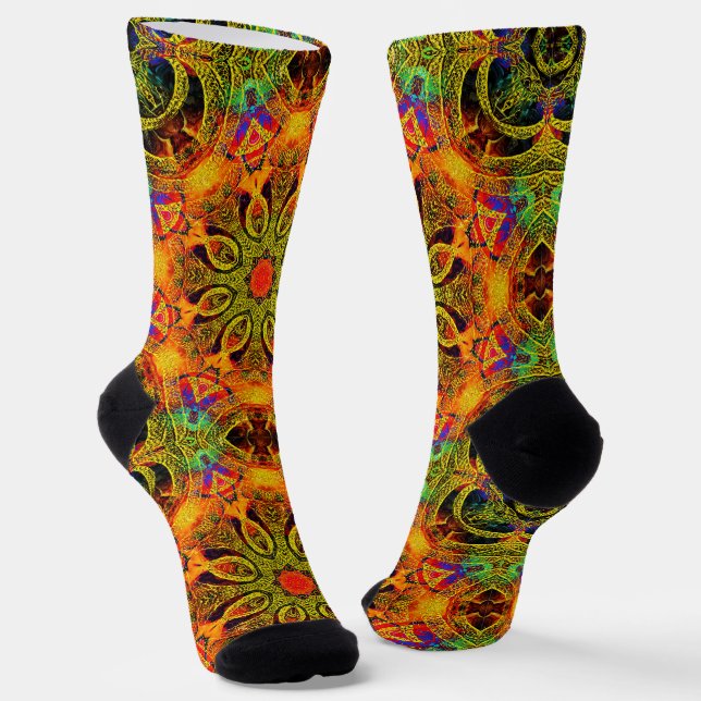 Ornamental Mandala in Orange and Green Socks (Angled)