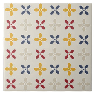 Ornamental pattern flowers, beige, navy blue tile