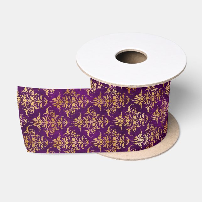 Ornamental Purple & Gold Damask Pattern Satin Ribbon (Spool)