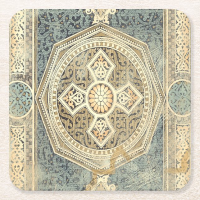 Ornamental Tapestry with Ornate Geometric Design Square Paper Coaster (Front)