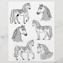 Ornamental Tattooed Horses B&W Line-Art