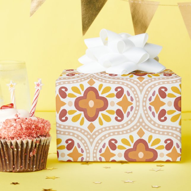 Ornamental Tile Orange Yellow Bold Sunny Geometric Wrapping Paper (Birthday Party)