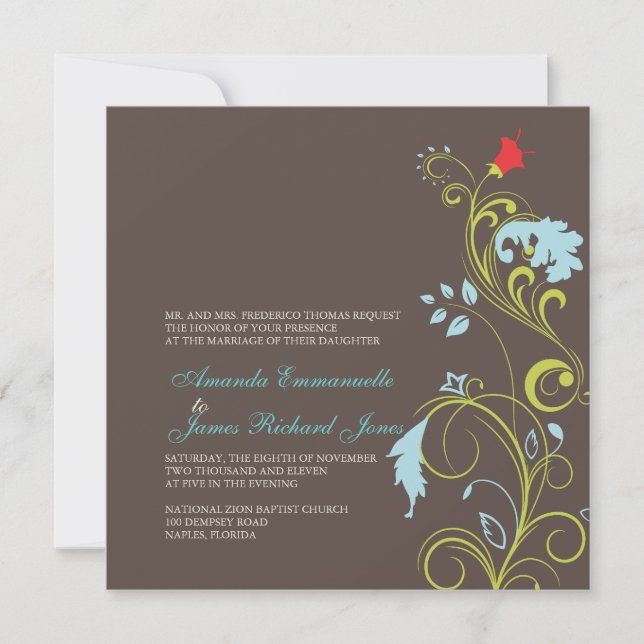 Ornamental vine/aqua blue /chocolate invitation (Front)