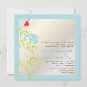Ornamental vine/aqua blue/green /grey invitation