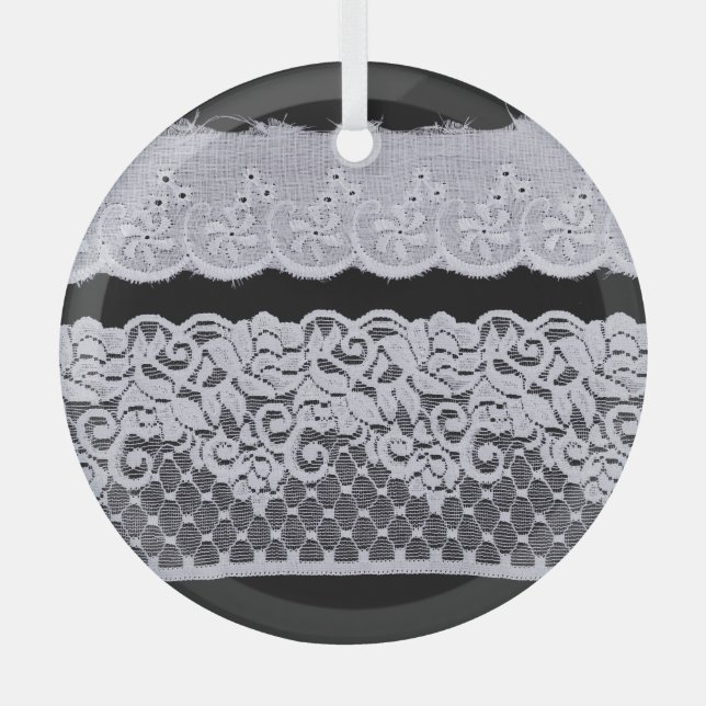 Ornamental white lace, isolated black background. glass tree decoration (Front)
