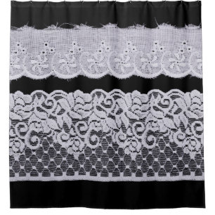 Ornamental white lace, isolated black background. shower curtain
