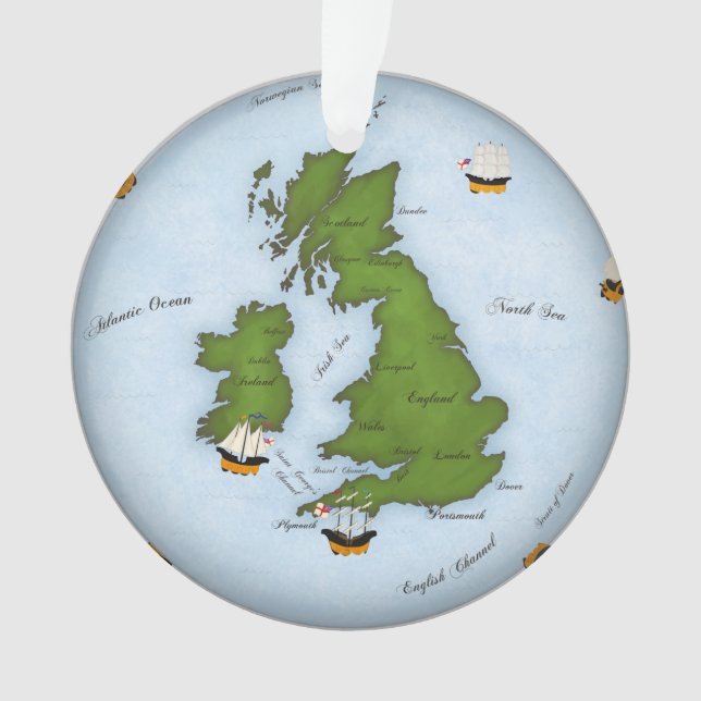 Ornamented Great Britain Map With Naval Ships Ornament (Front)
