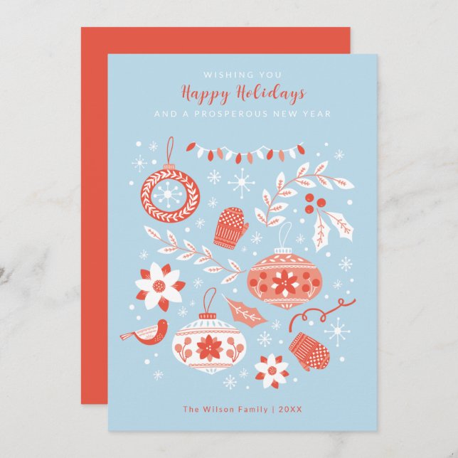 Ornaments and Snow Modern Christmas Happy Holidays Invitation (Front/Back)