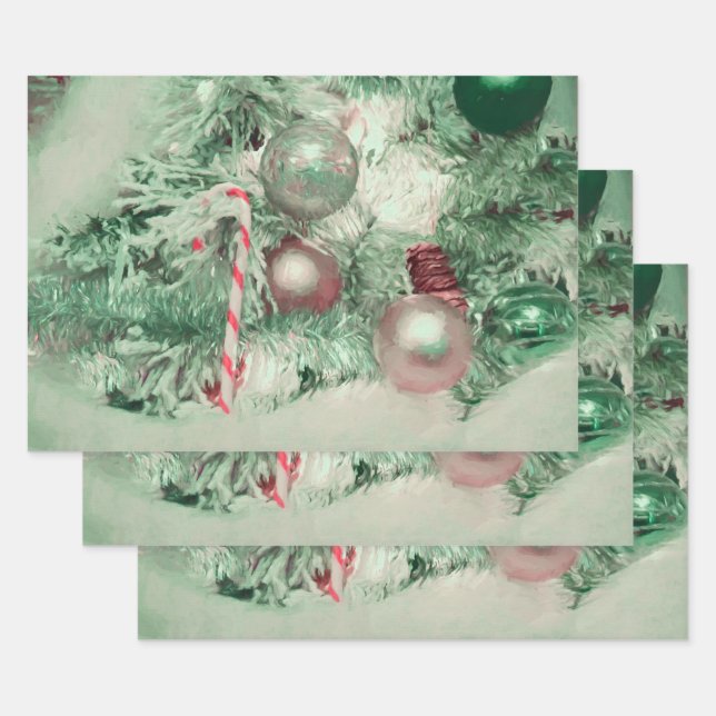 Ornaments Christmas Green Pink Holiday Tree Wrapping Paper Sheet (Set)