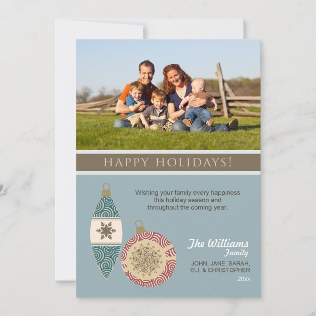 Ornaments Family Holiday Card (chocolate/blue) (Front)
