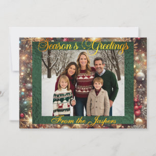 Ornaments, Gold Script & Framed Photo - Green Holiday Card