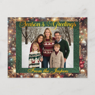 Ornaments, Gold Script & Framed Photo - Green Holiday Postcard