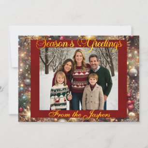 Ornaments, Gold Script & Framed Photo - Red Holiday Card