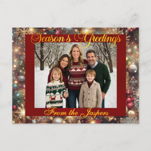 Ornaments, Gold Script & Framed Photo - Red Holiday Postcard