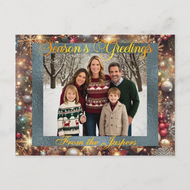 Ornaments, Gold Script & Framed Photo - Silver Holiday Postcard (Front)