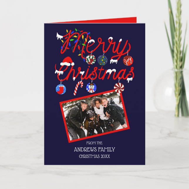 Ornaments Lights Snowy Merry Photo Christmas Holiday Card (Front)