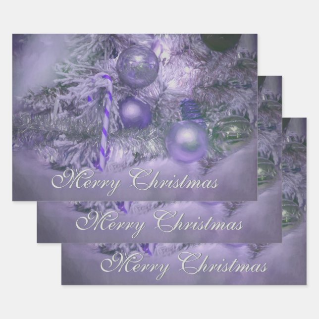Ornaments Merry Christmas Purple Holiday Tree Wrapping Paper Sheet (Set)