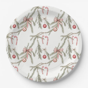 Ornaments Pine Candy Canes Festive Christmas Paper Plate