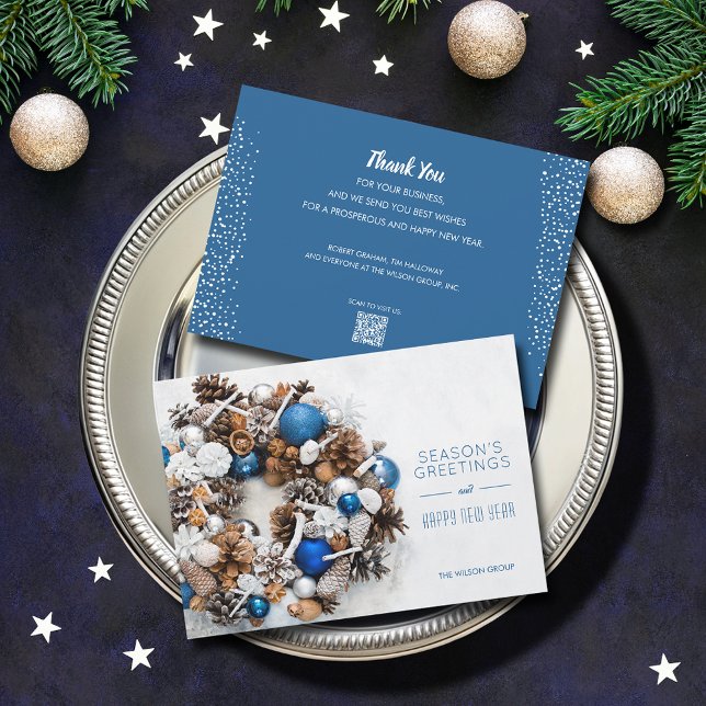 Ornaments Pine Wreath QR Code Business Holiday Card (Ornaments pine wreath business holiday cards feature your greeting and QR code on the back)