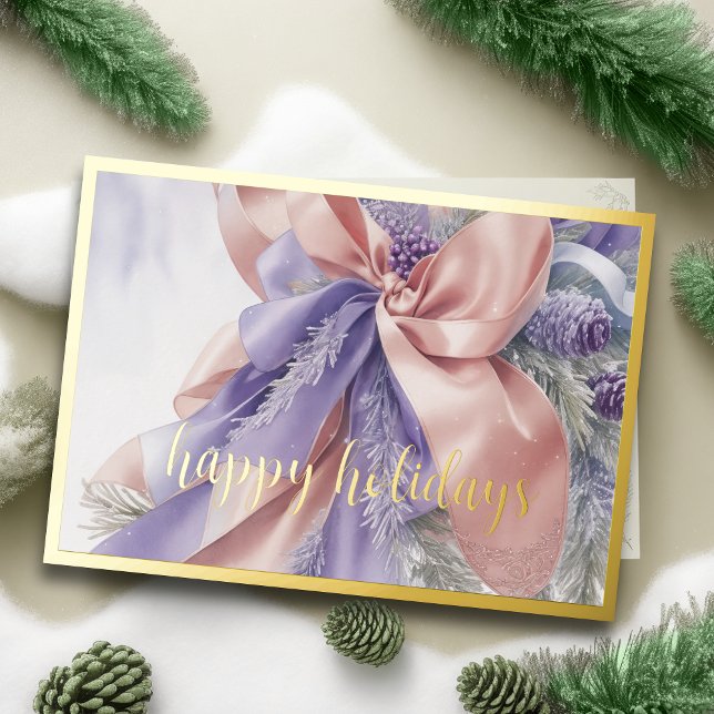 Ornaments Satin Ribbon Evergreen Lavender Peach Holiday Card (Creator Uploaded)