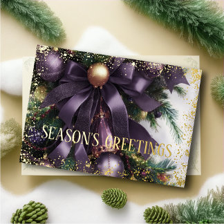 Ornaments Satin Ribbon Evergreen Purple Gold Holiday Card