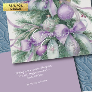 Ornaments Satin Ribbon Evergreen Purple Green Foil Holiday Card