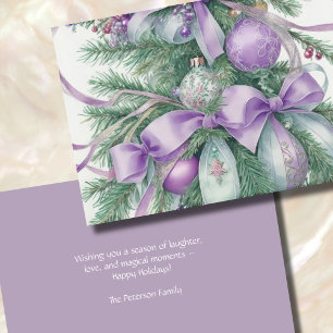 Ornaments Satin Ribbon Evergreen Purple Green Holiday Card
