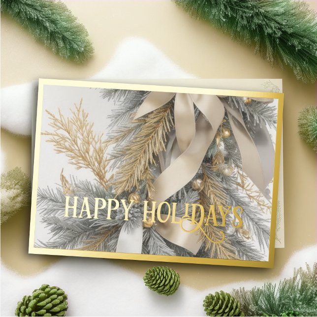 Ornaments Satin Ribbon Flocked Evergreen Grey Gold Holiday Card (Creator Uploaded)