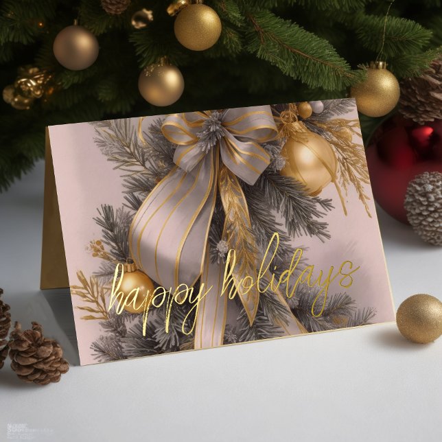 Ornaments Satin Ribbon Flocked Evergreen Grey Gold Holiday Card (Creator Uploaded)